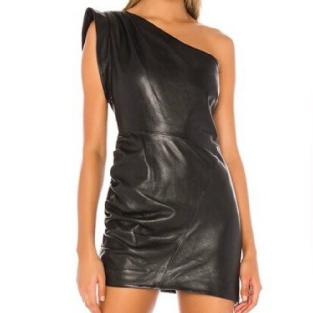 ♾️Lamarque Corey Sheath Mini Dress Black Leather One Shoulder Size XS